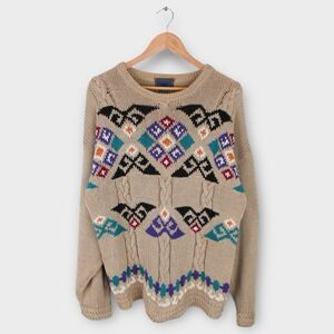 Vintage 90s Chunky Knit Sweater Geometric Tribal Pattern USA Mens Large